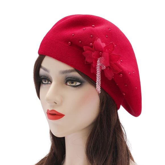2823 Women French Beret Hat Reversible Solid Color Floral Warm Knitted Beret main image 5